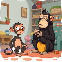 A whimsical illustration of Buster, a small, tail-less ape with big expressive eyes and a tiny skinny neck, sitting in a cozy house
