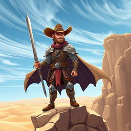 A slightly cartoonish heroic cowboy paladin standing tall atop a rocky cliff in a vast desert landscape, wearing intricately engraved armor featuring mythical creatures