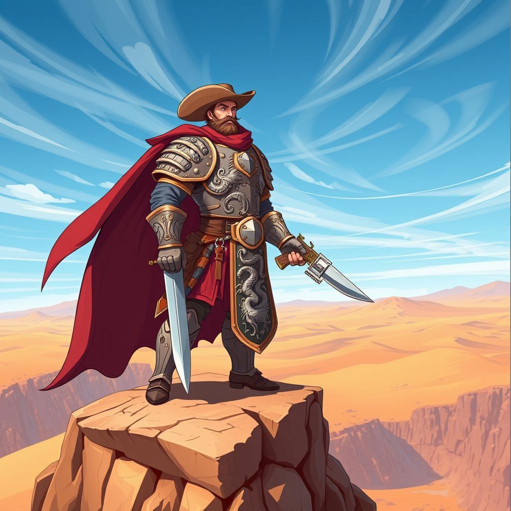 A slightly cartoonish heroic cowboy paladin standing tall atop a rocky cliff in a vast desert landscape, wearing intricately engraved armor featuring mythical creatures