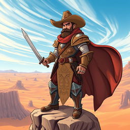 A slightly cartoonish heroic cowboy paladin standing tall atop a rocky cliff in a vast desert landscape, wearing intricately engraved armor featuring mythical creatures