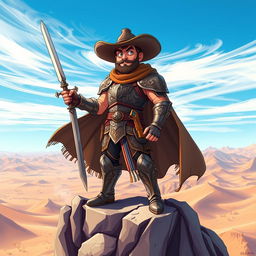 A slightly cartoonish heroic cowboy paladin standing tall atop a rocky cliff in a vast desert landscape, wearing intricately engraved armor featuring mythical creatures