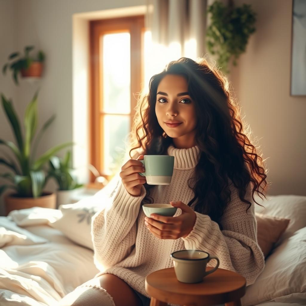 A beautiful young woman sipping coffee in her cozy room, sunlight streaming through a window, warm and inviting atmosphere