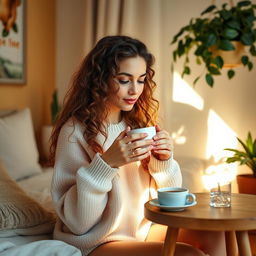 A beautiful young woman sipping coffee in her cozy room, sunlight streaming through a window, warm and inviting atmosphere