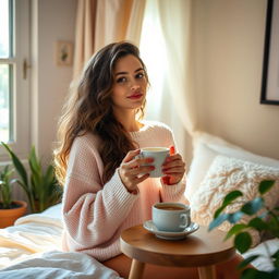 A beautiful young woman sipping coffee in her cozy room, sunlight streaming through a window, warm and inviting atmosphere