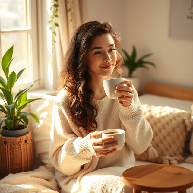 A beautiful young woman sipping coffee in her cozy room, sunlight streaming through a window, warm and inviting atmosphere