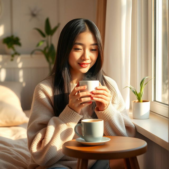 A beautiful Asian young woman sipping coffee in her cozy room, with sunlight streaming through a window, creating a warm and inviting atmosphere