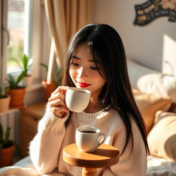 A beautiful Asian young woman sipping coffee in her cozy room, with sunlight streaming through a window, creating a warm and inviting atmosphere