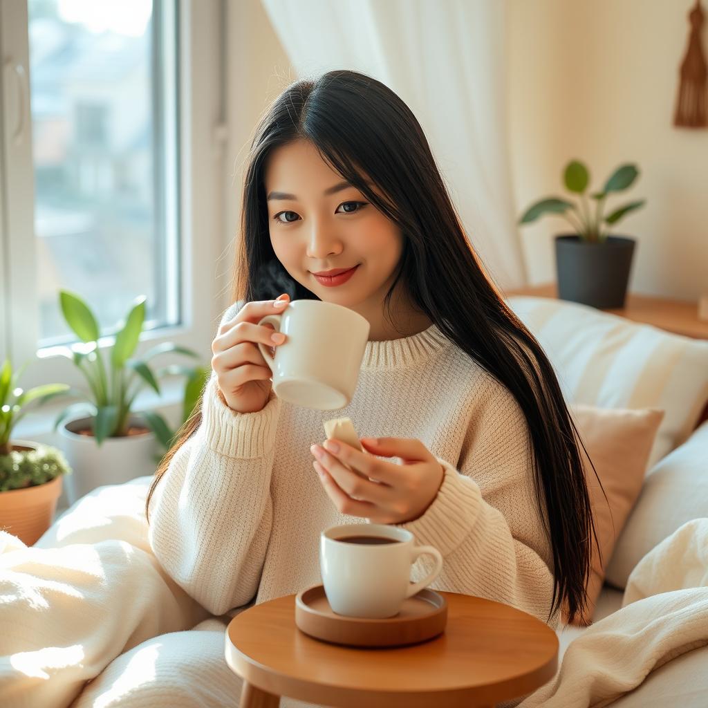 A beautiful Asian young woman sipping coffee in her cozy room, with sunlight streaming through a window, creating a warm and inviting atmosphere