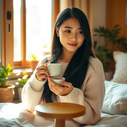 A beautiful Asian young woman sipping coffee in her cozy room, with sunlight streaming through a window, creating a warm and inviting atmosphere