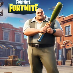 Tony Soprano as a Fortnite character, standing in Tilted Towers with a baseball bat-themed pickaxe.