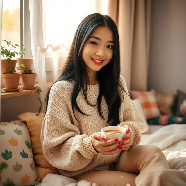 A beautiful Asian young woman enjoying her morning coffee in her cozy room, with soft sunlight filtering through sheer curtains