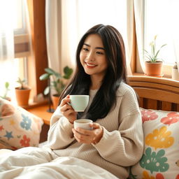 A beautiful Asian young woman enjoying her morning coffee in her cozy room, with soft sunlight filtering through sheer curtains