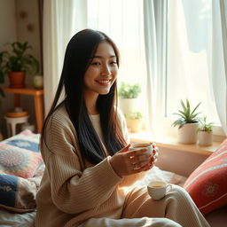 A beautiful Asian young woman enjoying her morning coffee in her cozy room, with soft sunlight filtering through sheer curtains