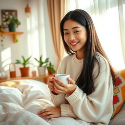 A beautiful Asian young woman enjoying her morning coffee in her cozy room, with soft sunlight filtering through sheer curtains