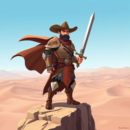 A slightly cartoonish heroic cowboy paladin standing tall atop a rocky cliff in a vast desert landscape, wearing armor adorned with intricate engravings of mythical creatures