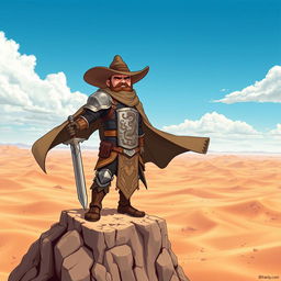 A slightly cartoonish heroic cowboy paladin standing tall atop a rocky cliff in a vast desert landscape, wearing armor adorned with intricate engravings of mythical creatures