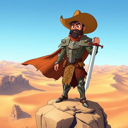 A slightly cartoonish heroic cowboy paladin standing tall atop a rocky cliff in a vast desert landscape, wearing armor adorned with intricate engravings of mythical creatures