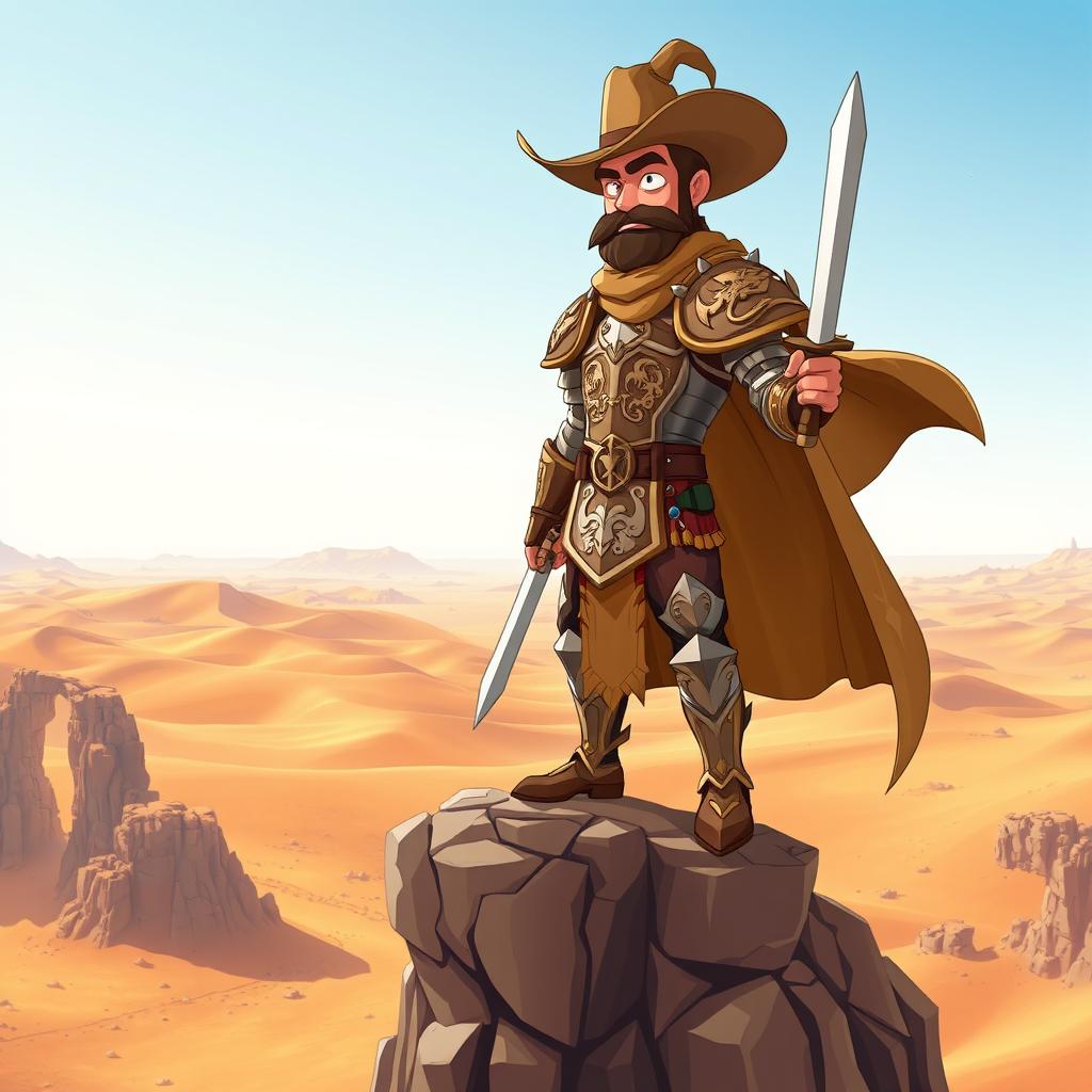 A slightly cartoonish heroic cowboy paladin standing tall atop a rocky cliff in a vast desert landscape, wearing armor adorned with intricate engravings of mythical creatures