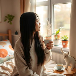 A beautiful Asian young woman enjoying her morning coffee while looking out her window, with soft morning light illuminating her cozy room