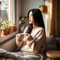 A beautiful Asian young woman enjoying her morning coffee while looking out her window, with soft morning light illuminating her cozy room