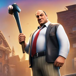 Tony Soprano as a Fortnite character, standing in Tilted Towers with a baseball bat-themed pickaxe.