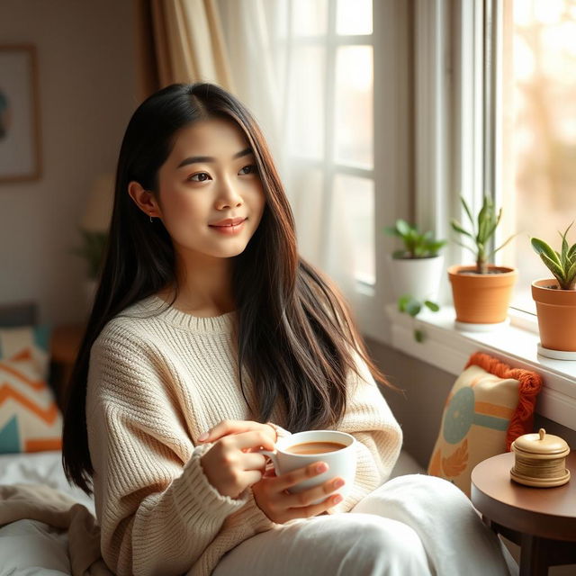 A beautiful Asian young woman enjoying her morning coffee while looking out her window, with soft morning light illuminating her cozy room