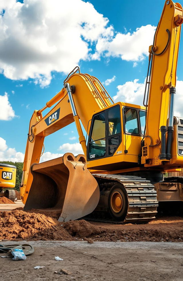 A highly detailed and realistic excavator working on a construction site, with a large bucket digging into the earth