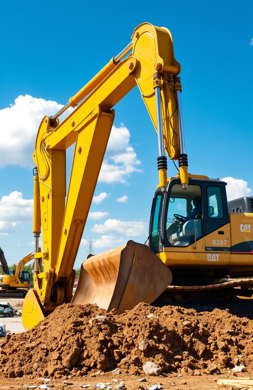 A highly detailed and realistic excavator working on a construction site, with a large bucket digging into the earth