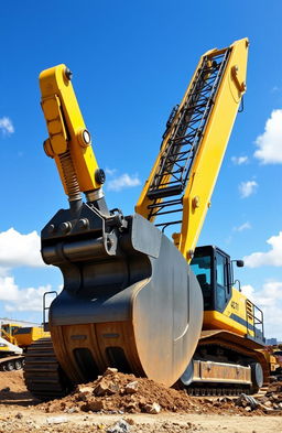 A highly detailed and realistic excavator working on a construction site, with a large bucket digging into the earth