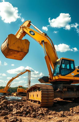 A highly detailed and realistic excavator working on a construction site, with a large bucket digging into the earth