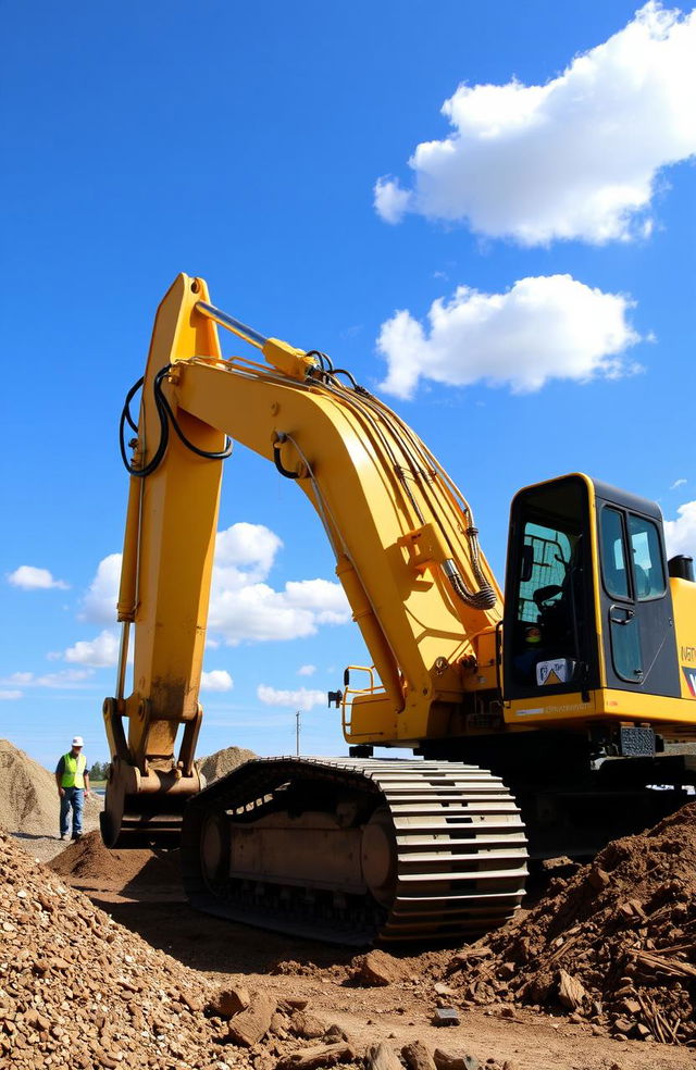 A powerful, large yellow excavator digging into the earth, showcasing its robust tracks and articulated arm