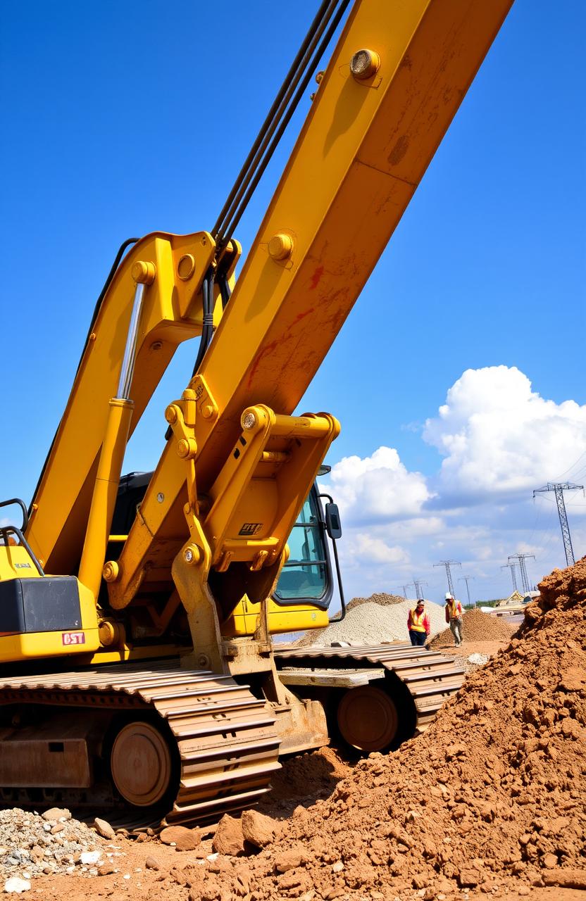 A powerful, large yellow excavator digging into the earth, showcasing its robust tracks and articulated arm