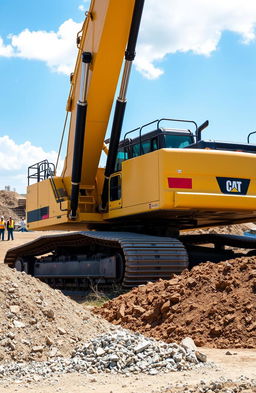 A powerful, large yellow excavator digging into the earth, showcasing its robust tracks and articulated arm