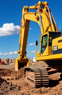 A powerful, large yellow excavator digging into the earth, showcasing its robust tracks and articulated arm