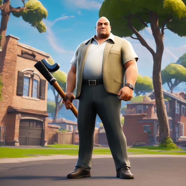 Tony Soprano as a Fortnite character, standing in Tilted Towers with a baseball bat-themed pickaxe.