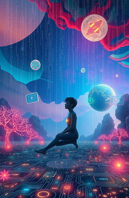 A surreal scene depicting a person deep in thought, surrounded by floating lines of computer code and digital interfaces