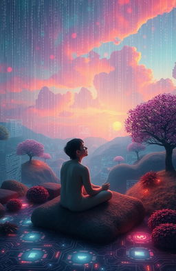 A surreal scene depicting a person deep in thought, surrounded by floating lines of computer code and digital interfaces