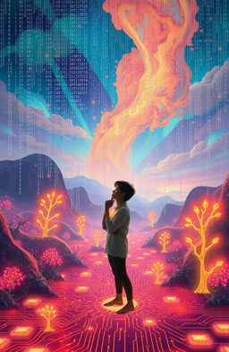 A surreal scene depicting a person deep in thought, surrounded by floating lines of computer code and digital interfaces