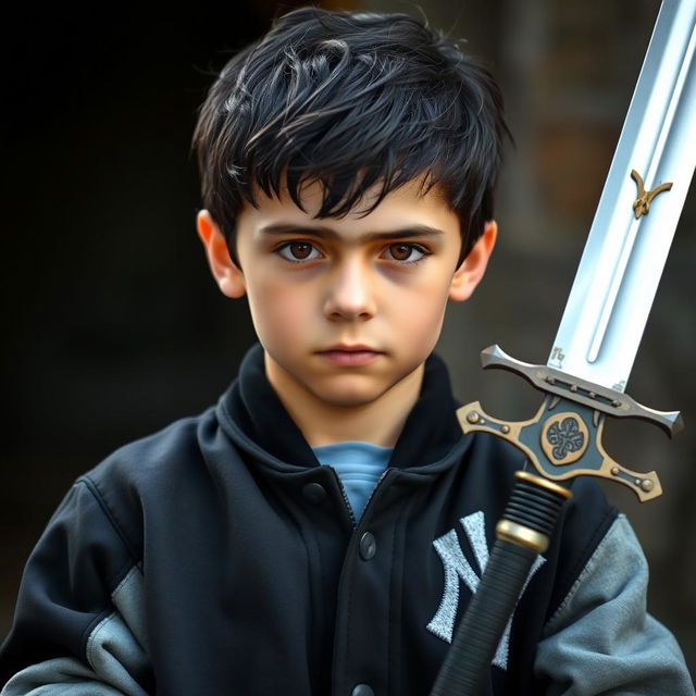 A 14-year-old boy in the center of the image, with messy black hair and brown eyes, wearing a black Yankees jacket with grey sleeves
