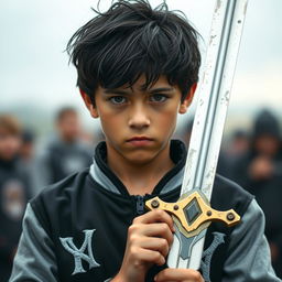 A 14-year-old boy in the center of the image, with messy black hair and brown eyes, wearing a black Yankees jacket with grey sleeves