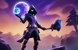 Fortnite wallpaper featuring a character performing dark sorcery under a moonless night sky.