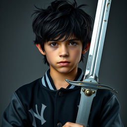 A 14-year-old boy in the center of the image, with messy black hair and brown eyes, wearing a black Yankees jacket with grey sleeves