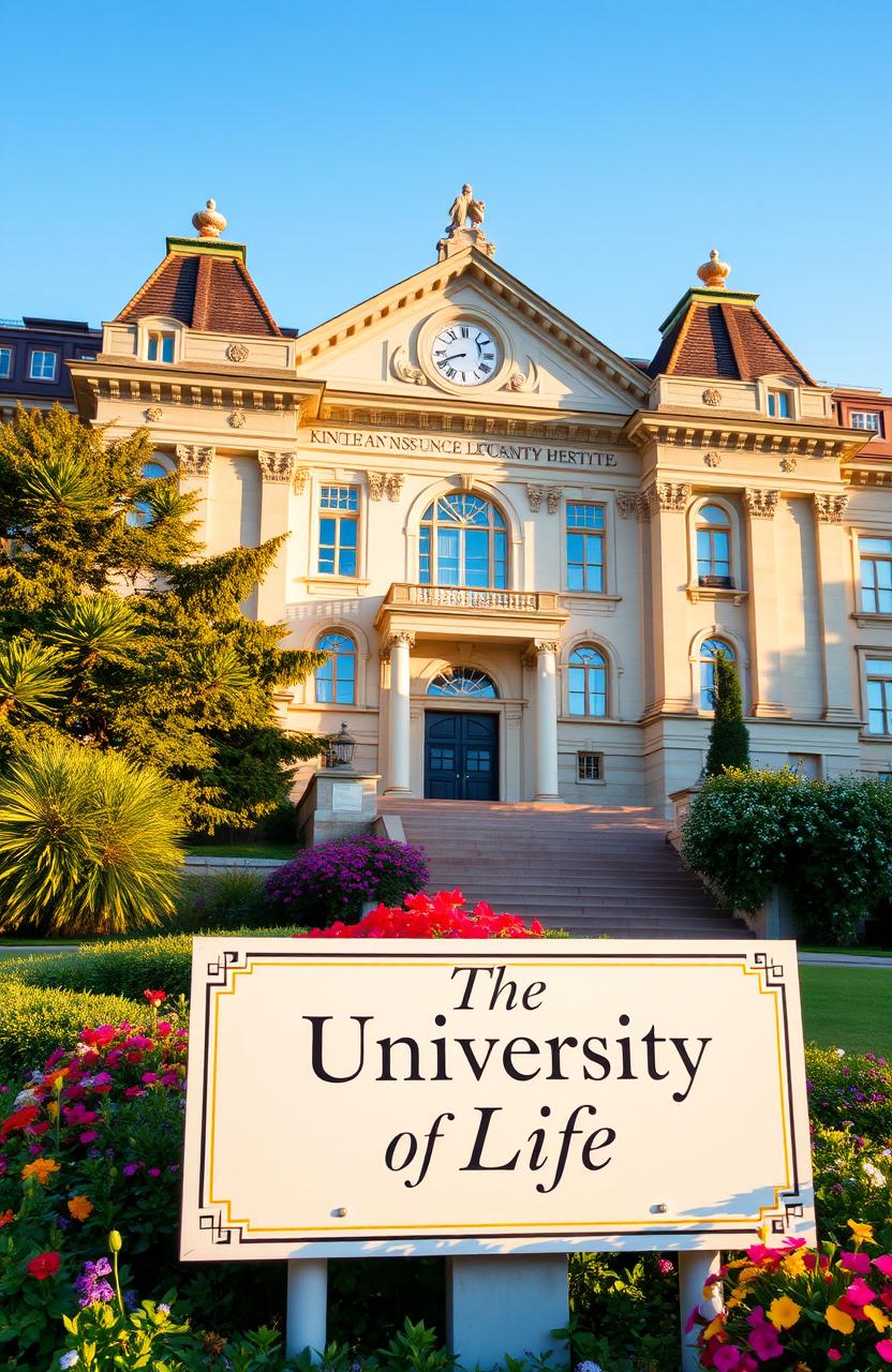 A picturesque shot of a majestic university building, embellished with architectural details that blend classical and modern styles