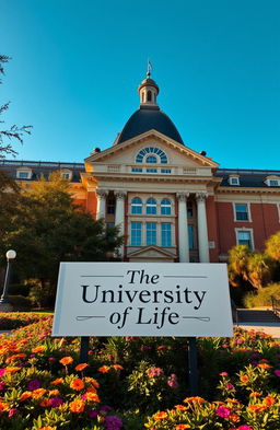 A picturesque shot of a majestic university building, embellished with architectural details that blend classical and modern styles
