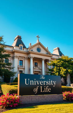 A picturesque shot of a majestic university building, embellished with architectural details that blend classical and modern styles