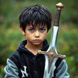 A 14-year-old boy in the center of the image, with messy black hair and brown eyes, wearing a black Yankees jacket with grey sleeves