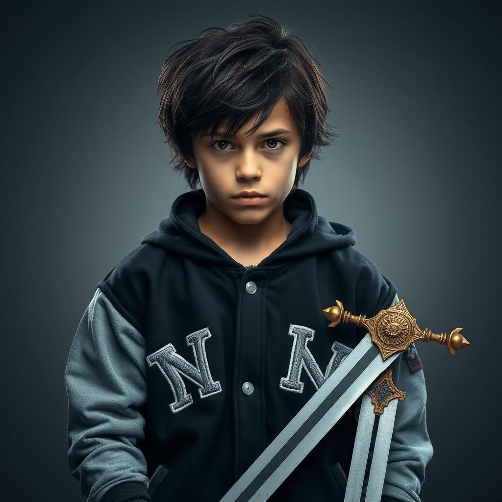 A 14-year-old boy in the center of the image, with messy black hair and brown eyes, wearing a black Yankees jacket with grey sleeves