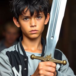 A 14-year-old boy in the center of the image, with messy black hair and brown eyes, wearing a black Yankees jacket with grey sleeves