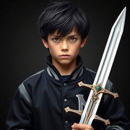 A 14-year-old boy in the center of the image, with messy black hair and brown eyes, wearing a black Yankees jacket with grey sleeves