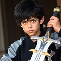 A 14-year-old boy in the center of the image, with messy black hair and brown eyes, wearing a black Yankees jacket with grey sleeves